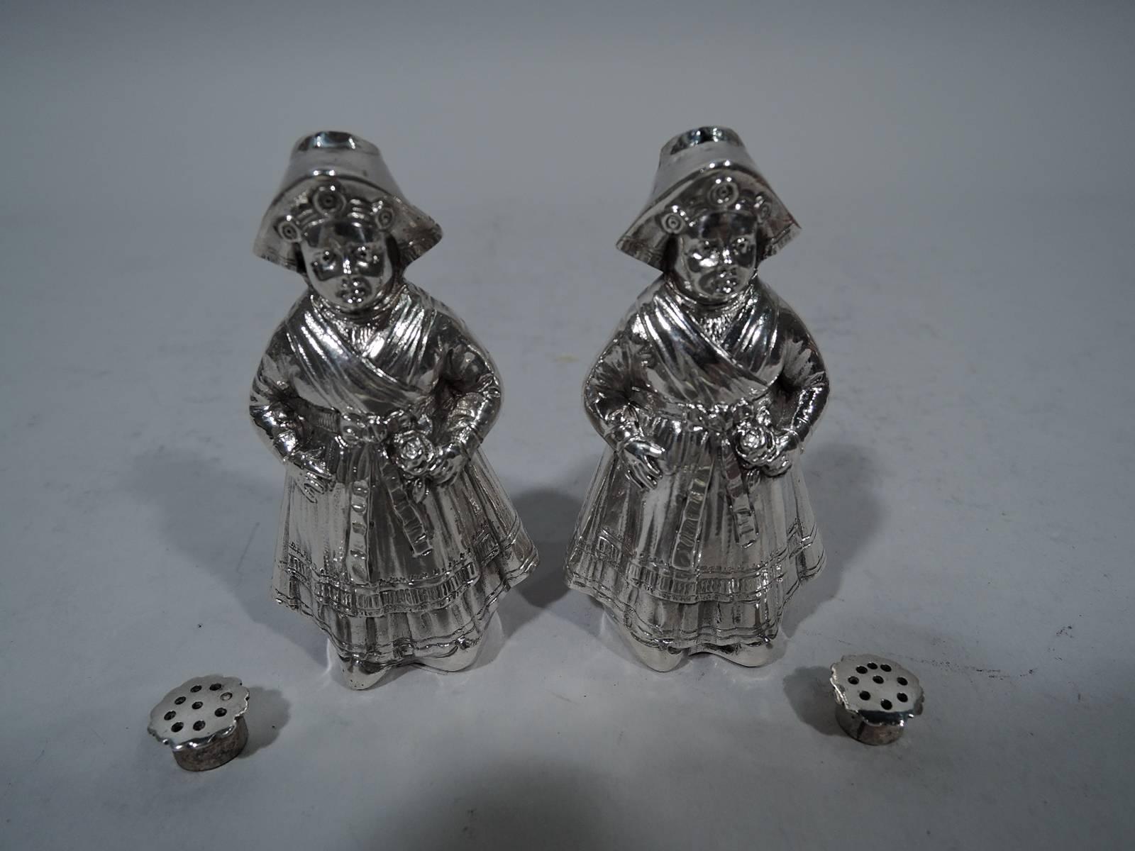 Edwardian Pair of Antique German Sterling Silver Country Girl Salt and Pepper Shakers