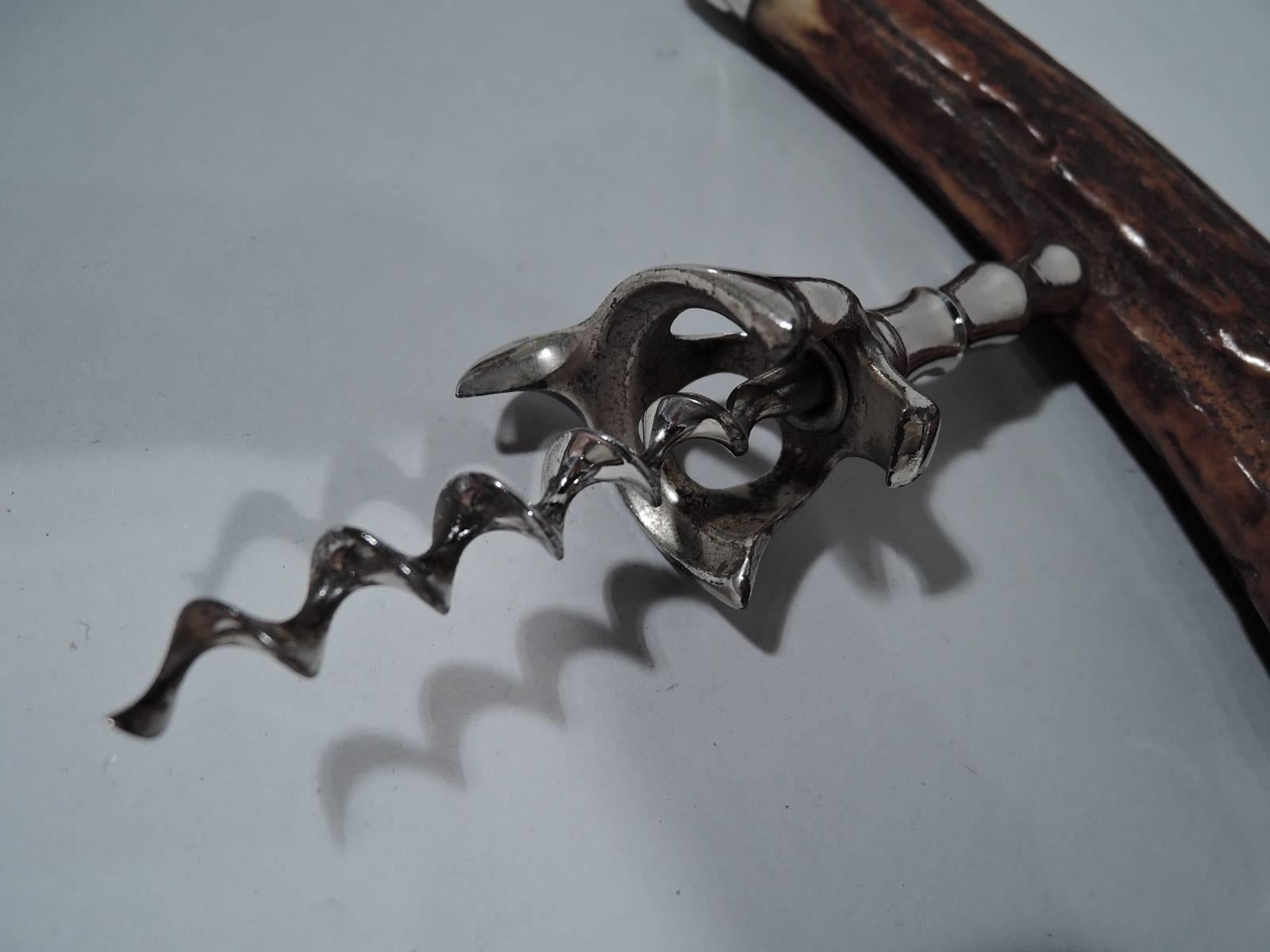 Antique American Sterling Silver Corkscrew with Stag’s Horn Handle In Excellent Condition In New York, NY
