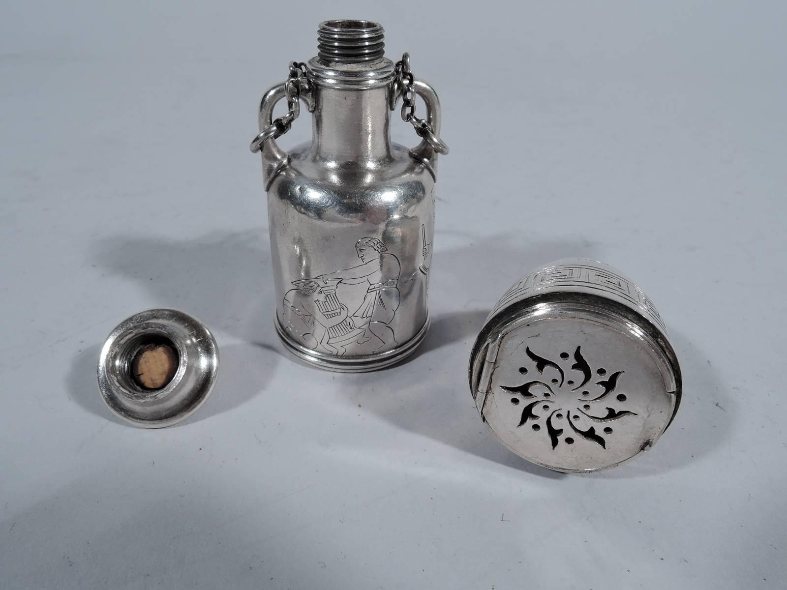 Greek Revival sterling silver perfume and vinaigrette. Made by Tiffany & Co. in New York. Amphora vessel engraved with classical figures and fretwork suggestive of an ancient vase. Threaded and cork-lined cover. Bottom threaded and has hinged and