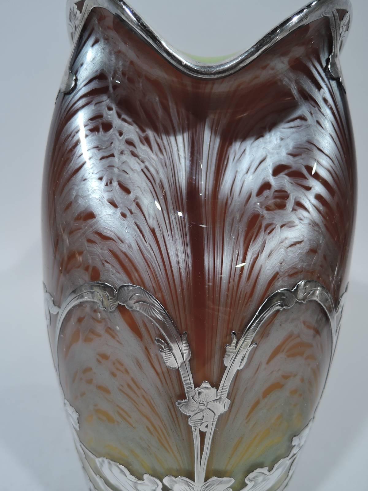 Czech Beautiful Loetz Carrageen Art Glass Vase with Silver Overlay