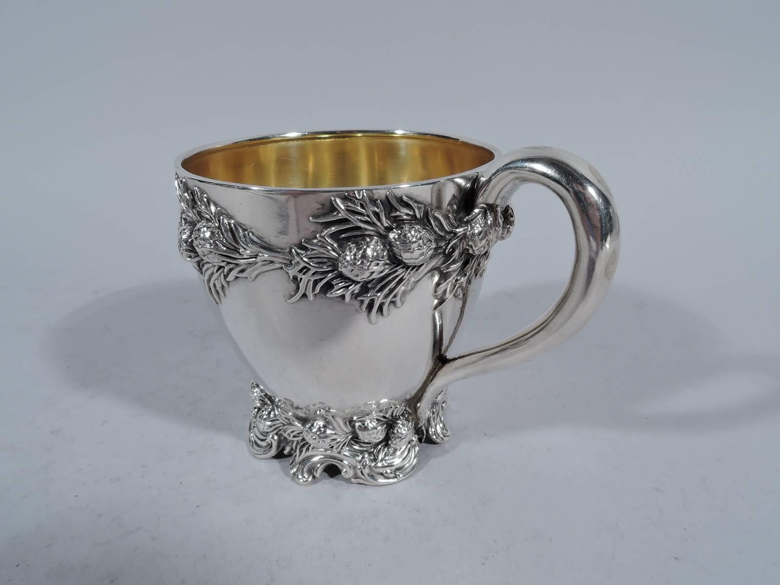 Aesthetic Movement Antique American Sterling Silver Baby Cup with Pinecones and Branches