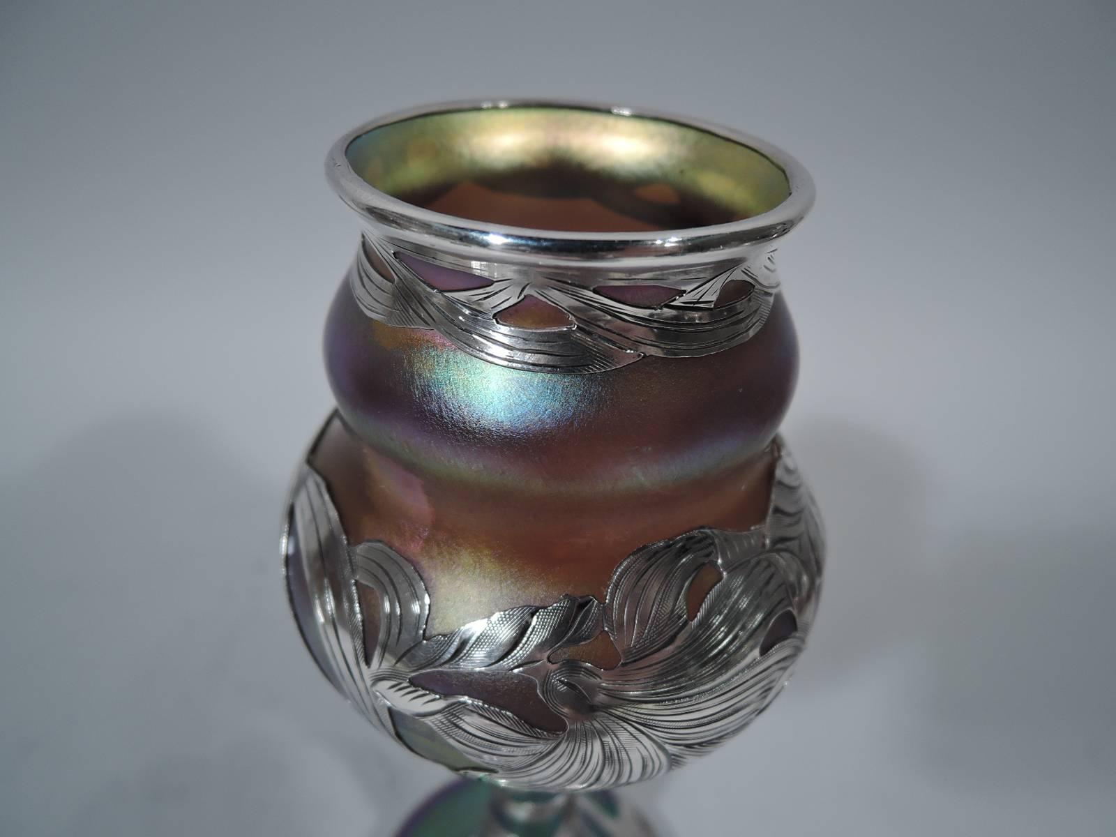 Fine Quality Quezal Art Glass Vase with Silver Overlay In Excellent Condition In New York, NY