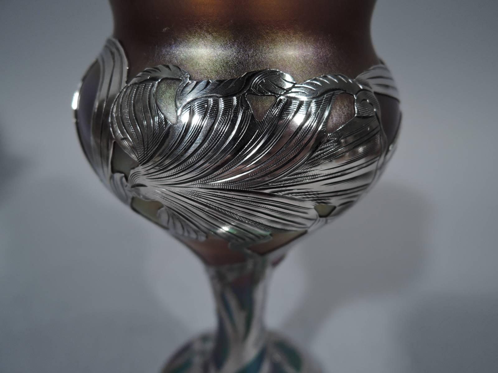 Fine Quality Quezal Art Glass Vase with Silver Overlay 1