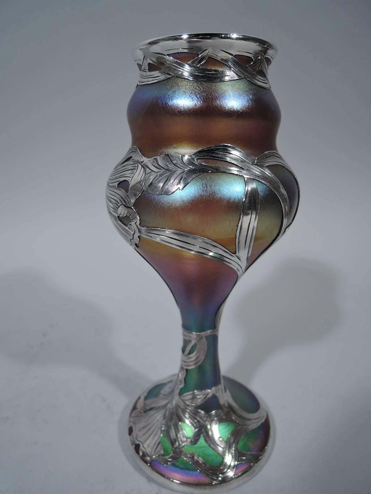American Fine Quality Quezal Art Glass Vase with Silver Overlay