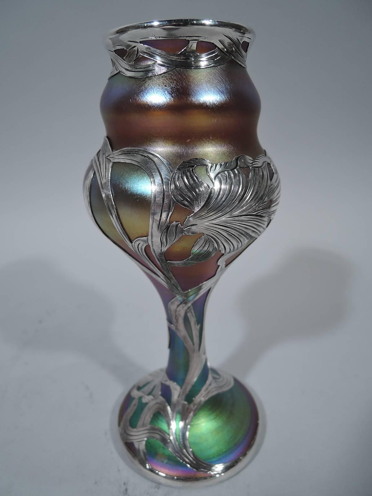 Art Nouveau Fine Quality Quezal Art Glass Vase with Silver Overlay