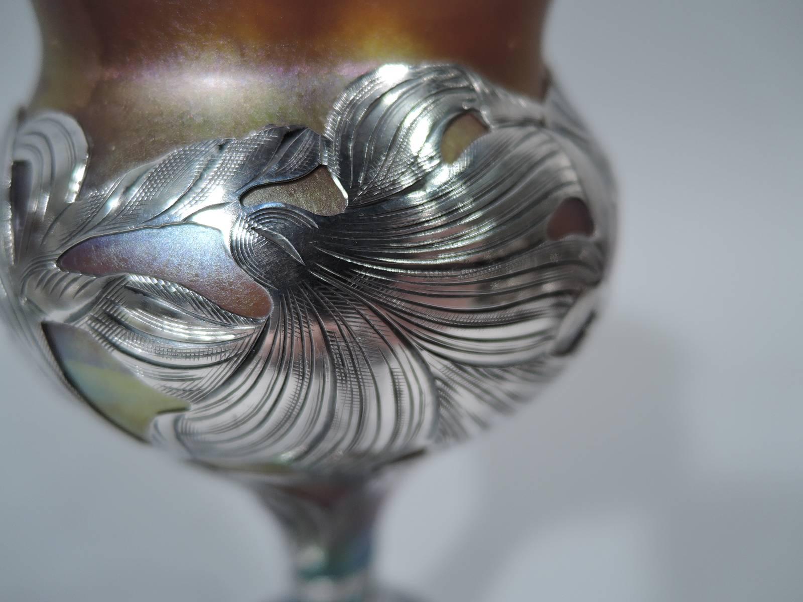 19th Century Fine Quality Quezal Art Glass Vase with Silver Overlay