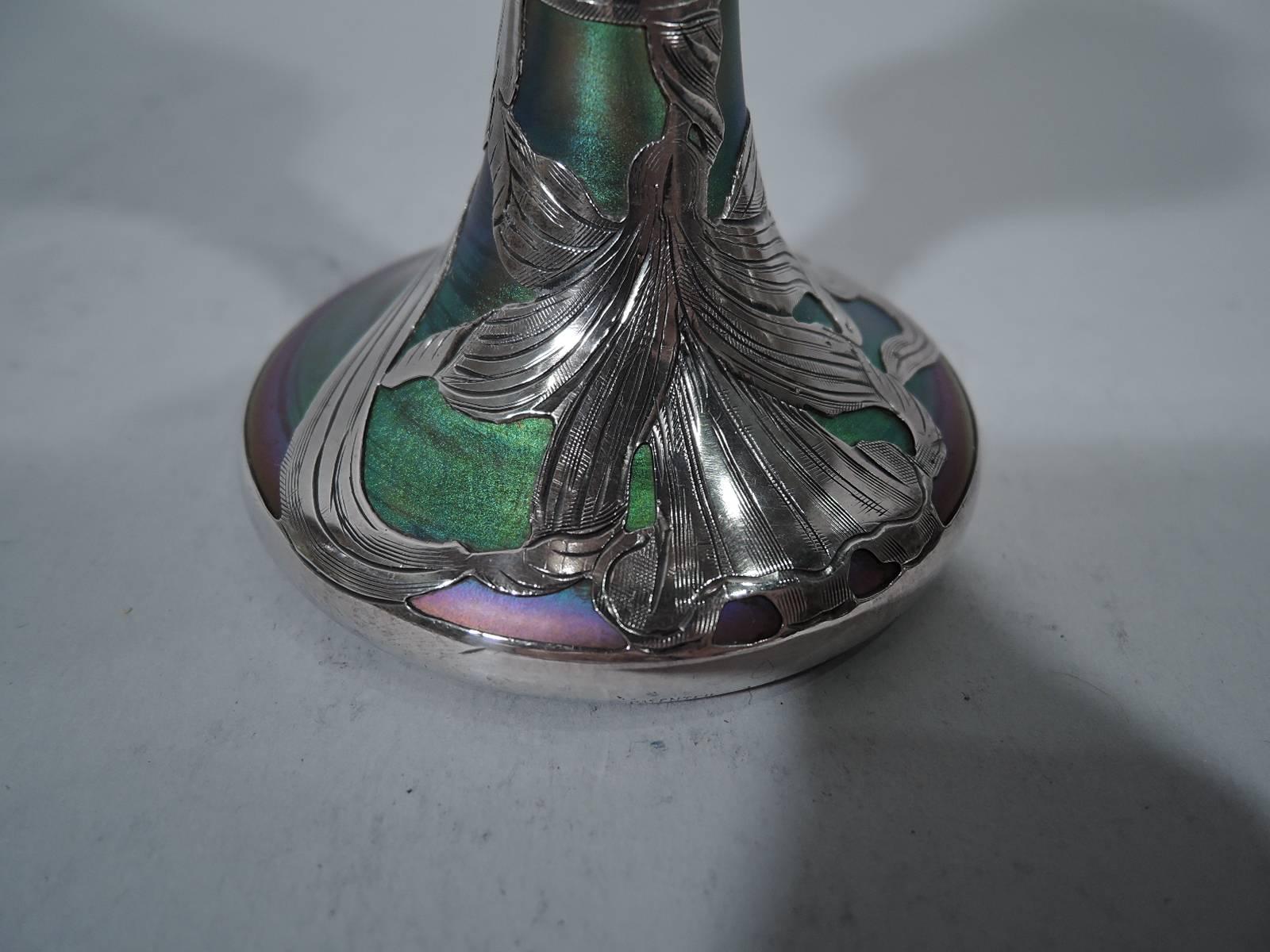 Fine Quality Quezal Art Glass Vase with Silver Overlay 2