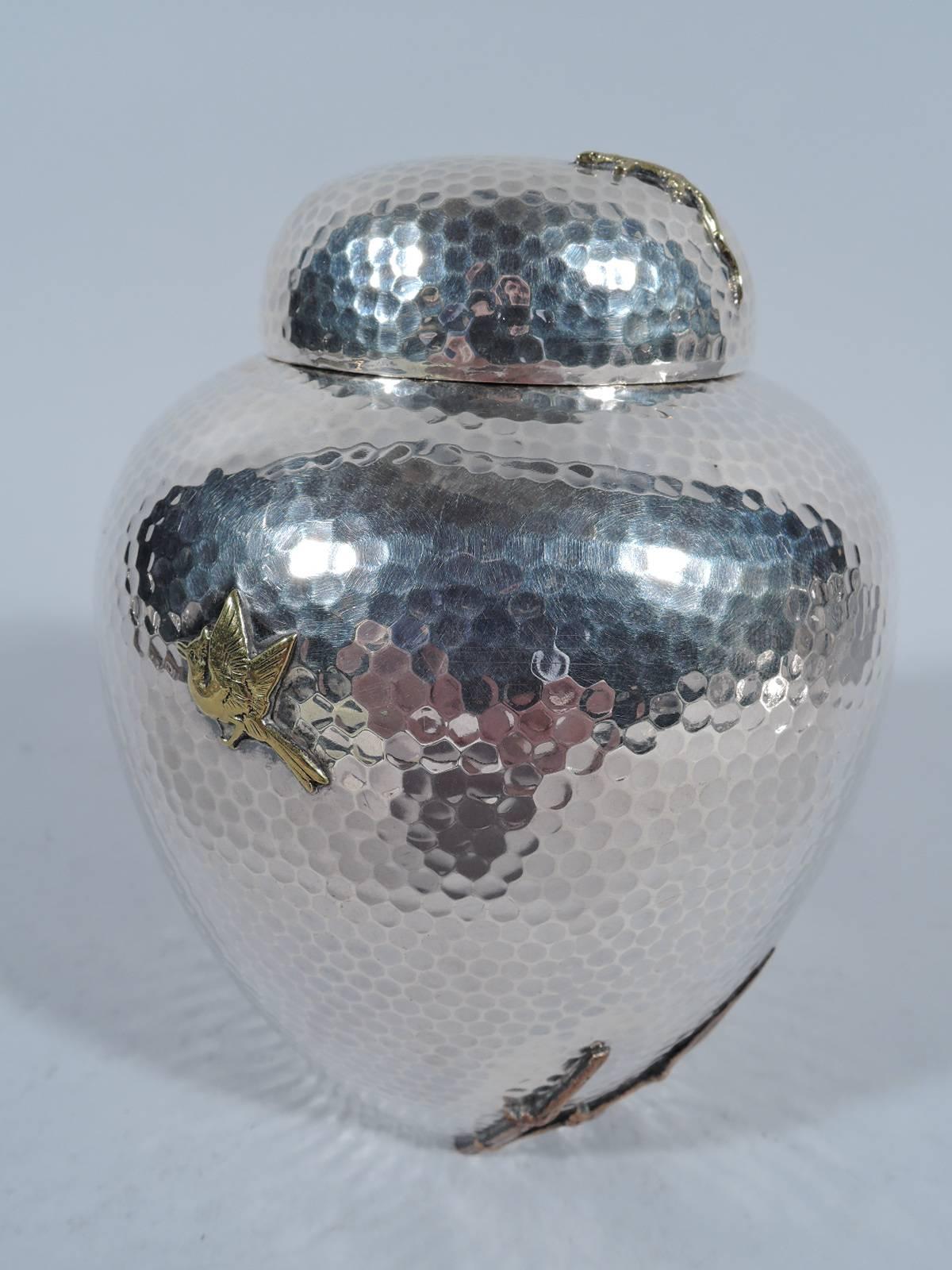 American Dominick & Haff Large Hand-Hammered Sterling Silver and Mixed Metal Tea Caddy