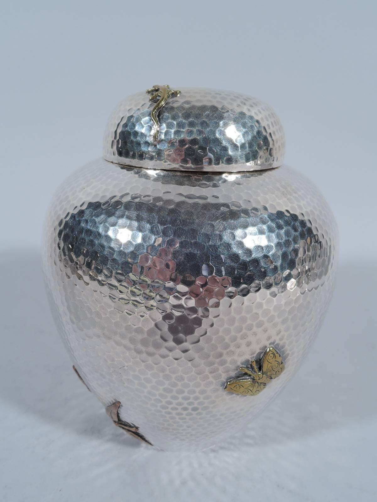 Japonisme Dominick & Haff Large Hand-Hammered Sterling Silver and Mixed Metal Tea Caddy