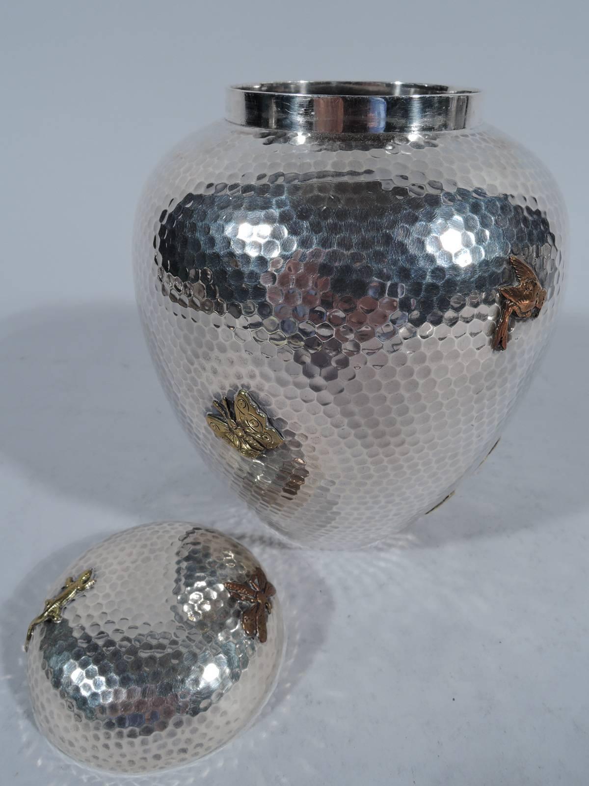 Dominick & Haff Large Hand-Hammered Sterling Silver and Mixed Metal Tea Caddy In Excellent Condition In New York, NY