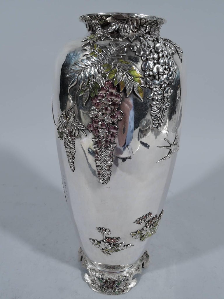 Antique Japanese Meiji Silver and Enamel Wisteria Vase For Sale at