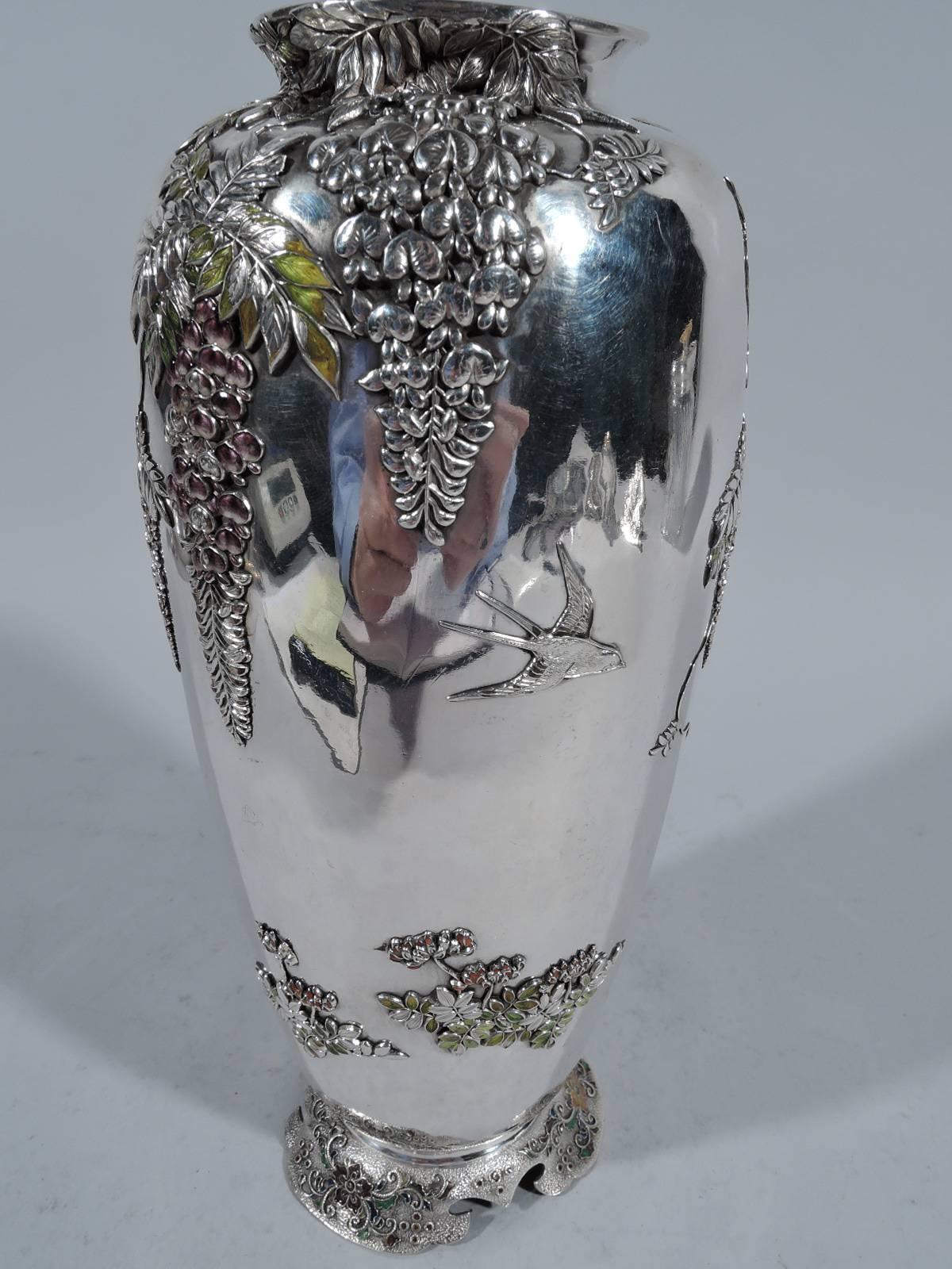 Antique Japanese Meiji Silver and Enamel Wisteria Vase In Excellent Condition In New York, NY