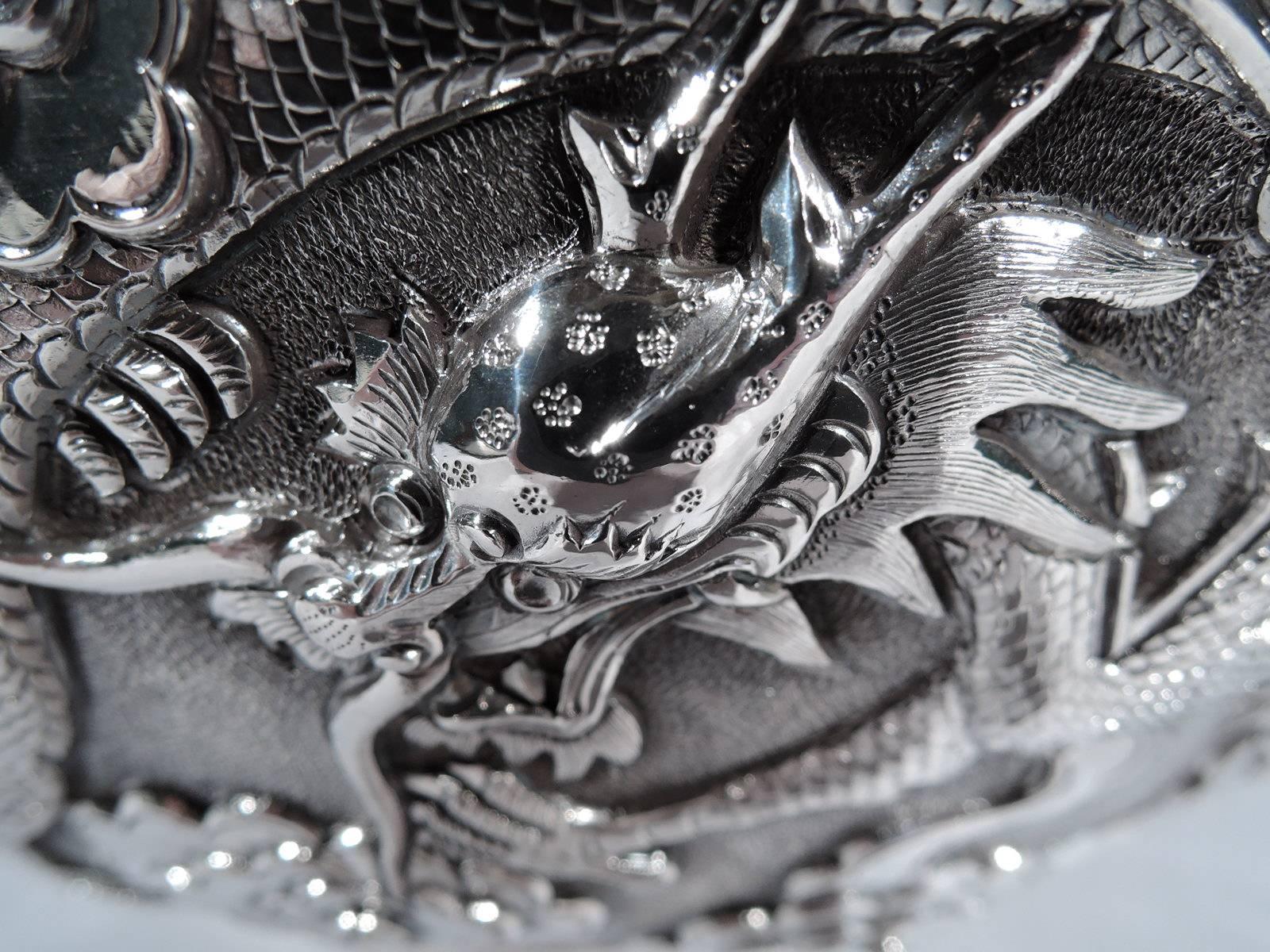 19th Century Fine Quality Chinese Export Silver Dragon and Cloud Bowl
