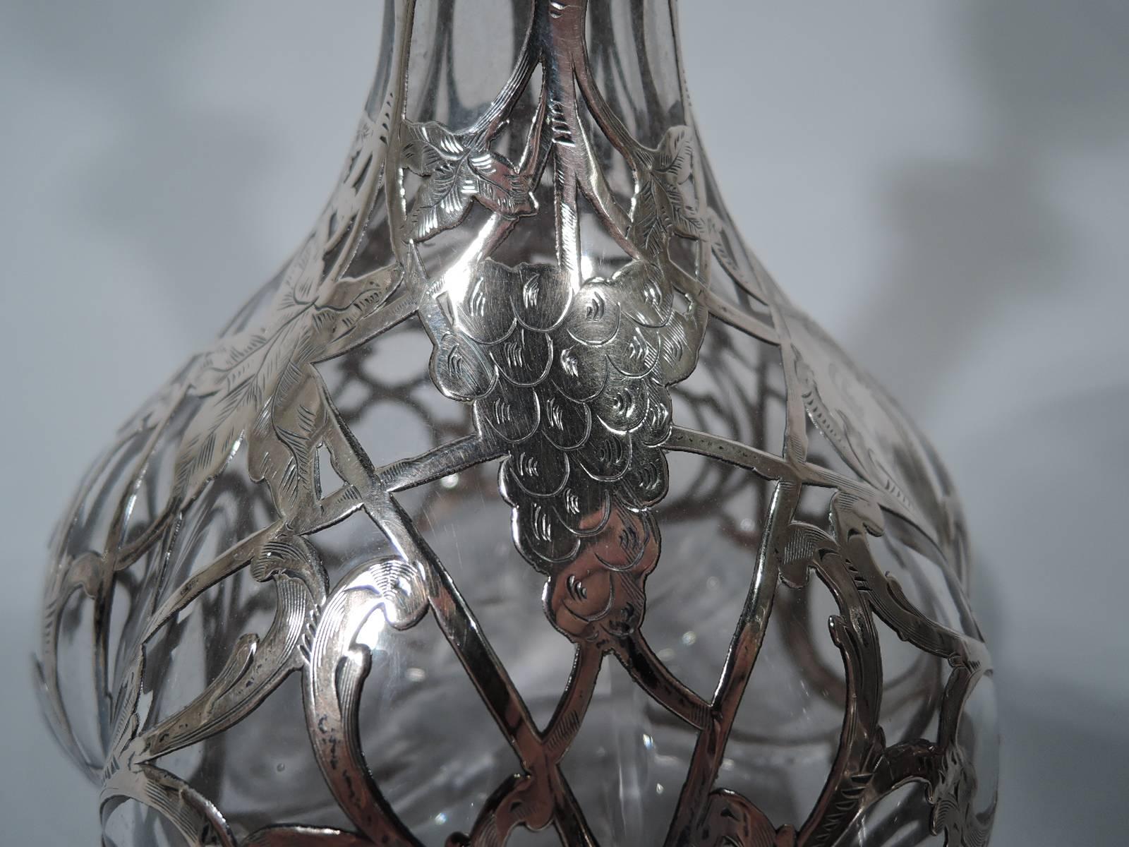 Art Nouveau Antique Alvin Glass Silver Overlay Wine Decanter with Grapes