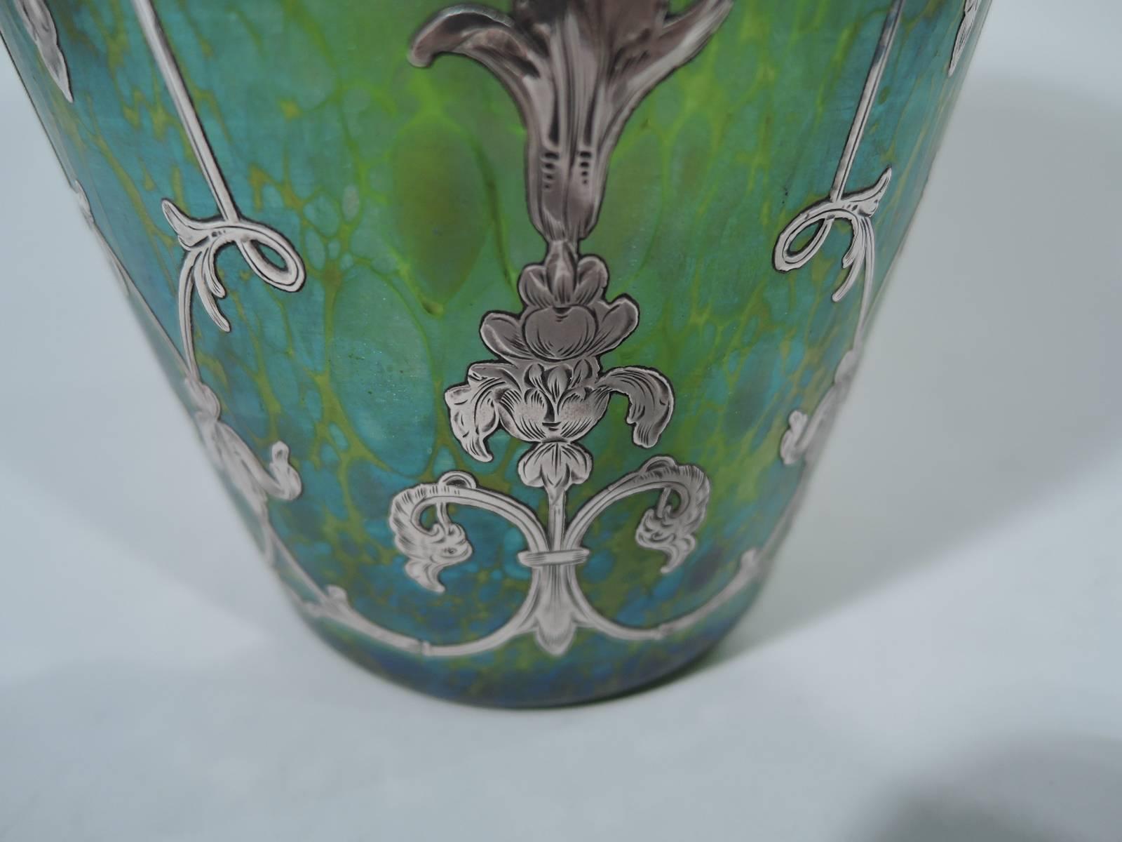 19th Century Antique Loetz Art Glass Vase with Silver Overlay