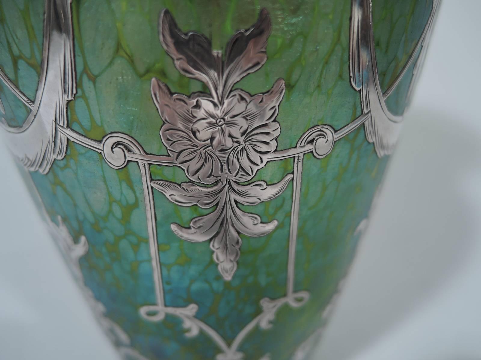 Czech Antique Loetz Art Glass Vase with Silver Overlay