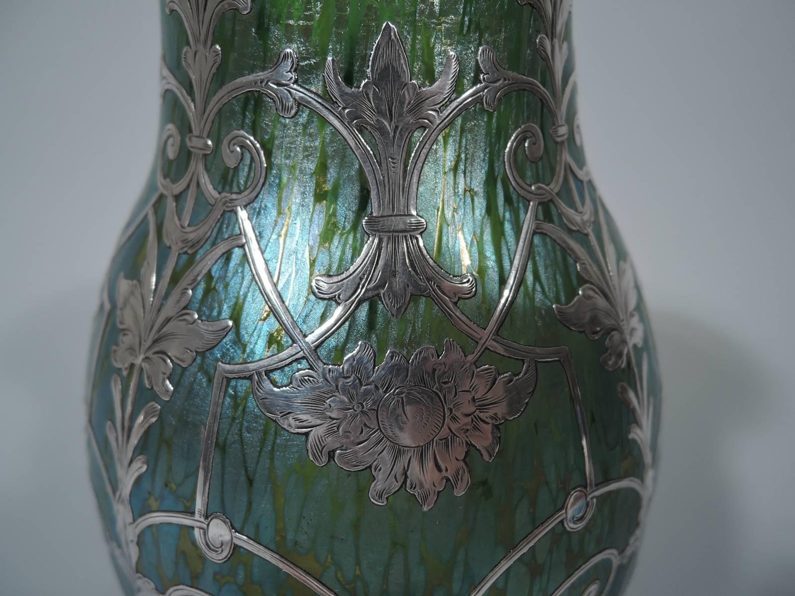 Art Nouveau Antique Loetz Art Glass Vase with Silver Overlay