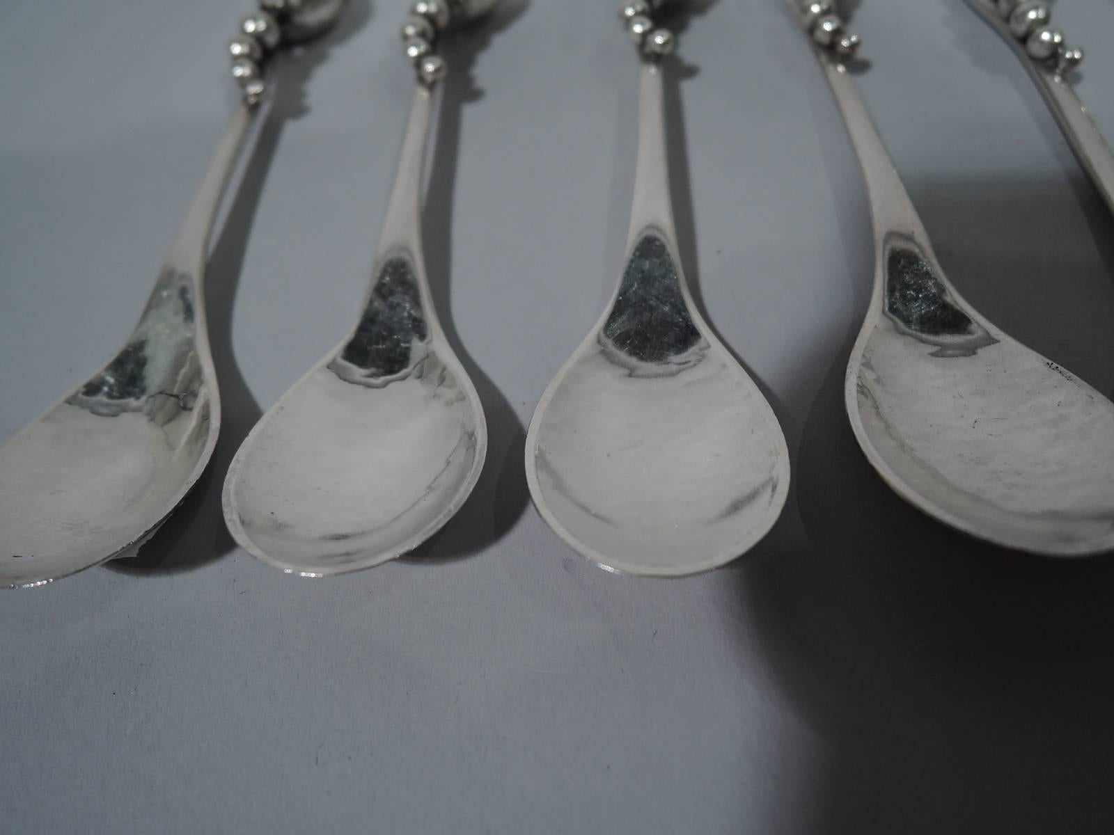 Art Nouveau Set of Six Early Georg Jensen Blossom Hand-Hammered Sterling Silver Spoons