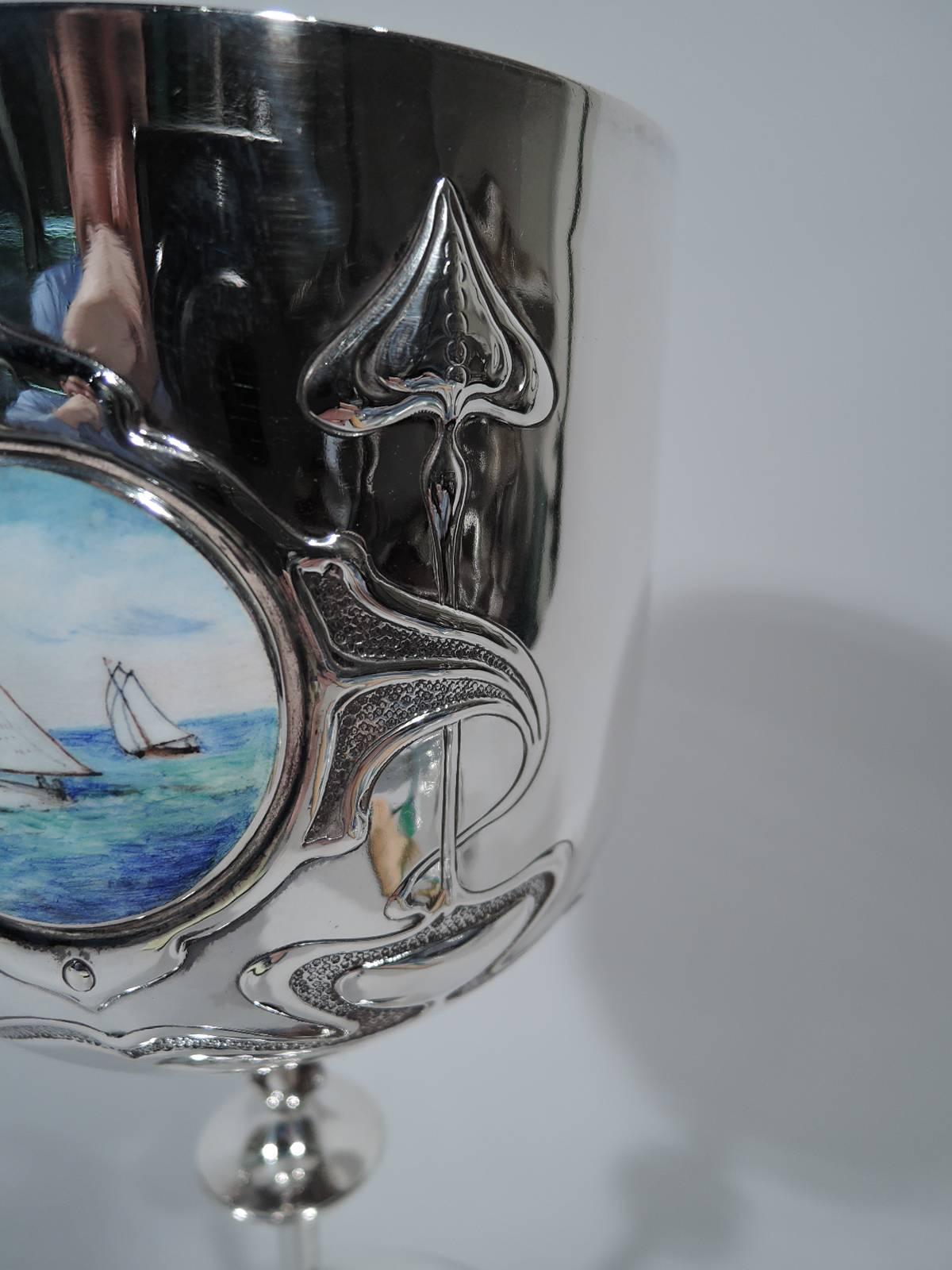 Early 20th Century Tall Art Nouveau English Sterling Silver and Enamel Nautical Goblet