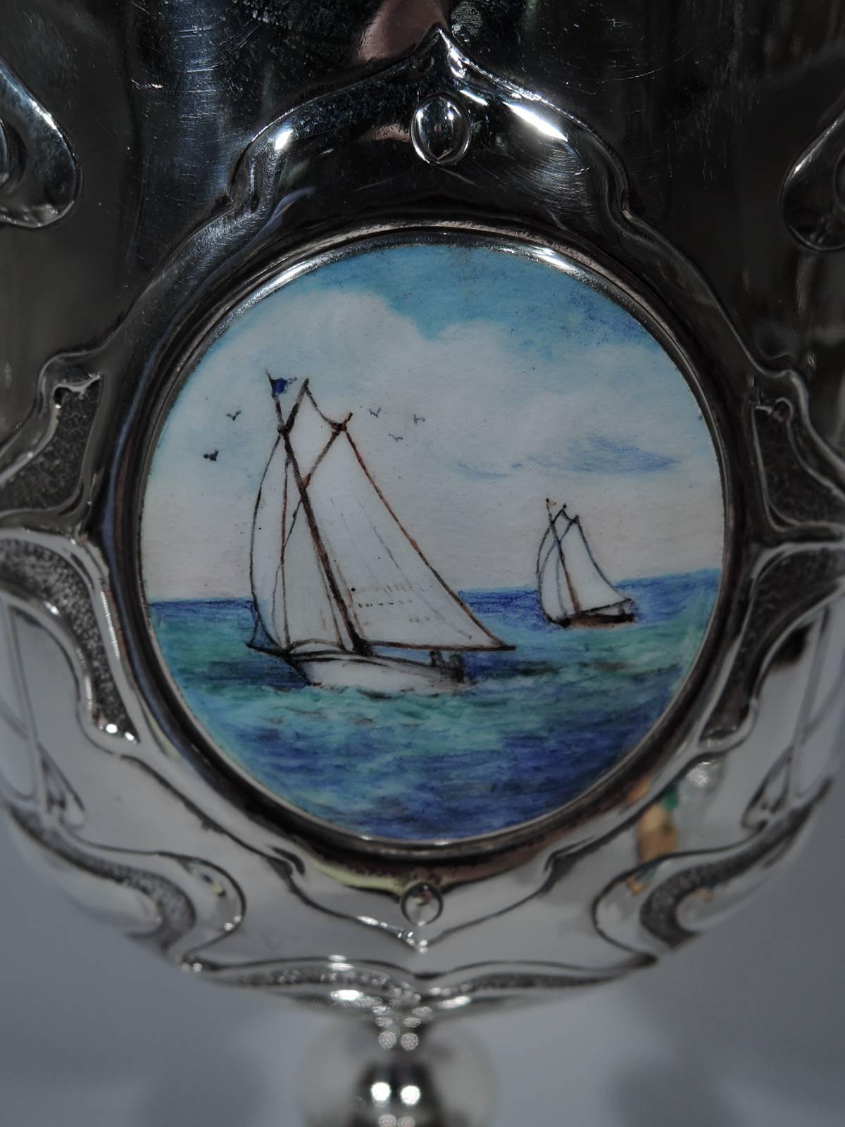 Tall Art Nouveau English Sterling Silver and Enamel Nautical Goblet In Excellent Condition In New York, NY