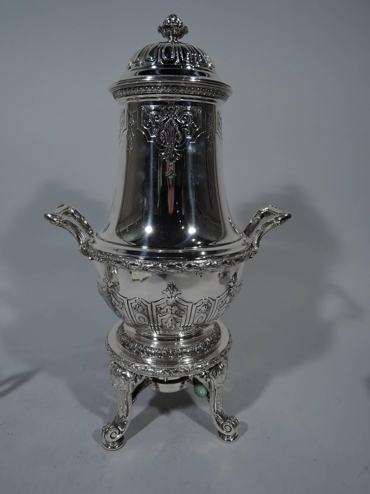 Edwardian Antique Gorham Sterling Silver Tea Set with Jade-Mounted Urn