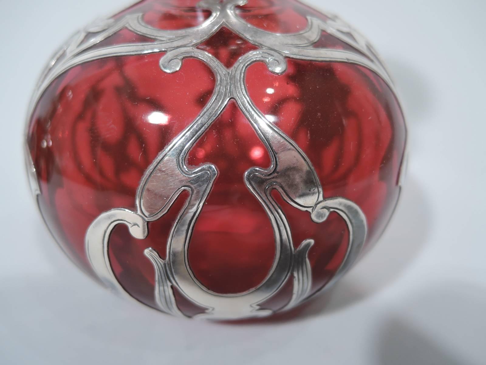 American Pair of Gorham Art Nouveau Silver Overlay Red Glass Perfumes