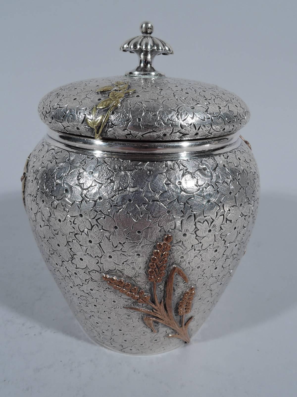 Japonisme Unusual Dominick & Haff Sterling Silver and Mixed Metal Tea Caddy