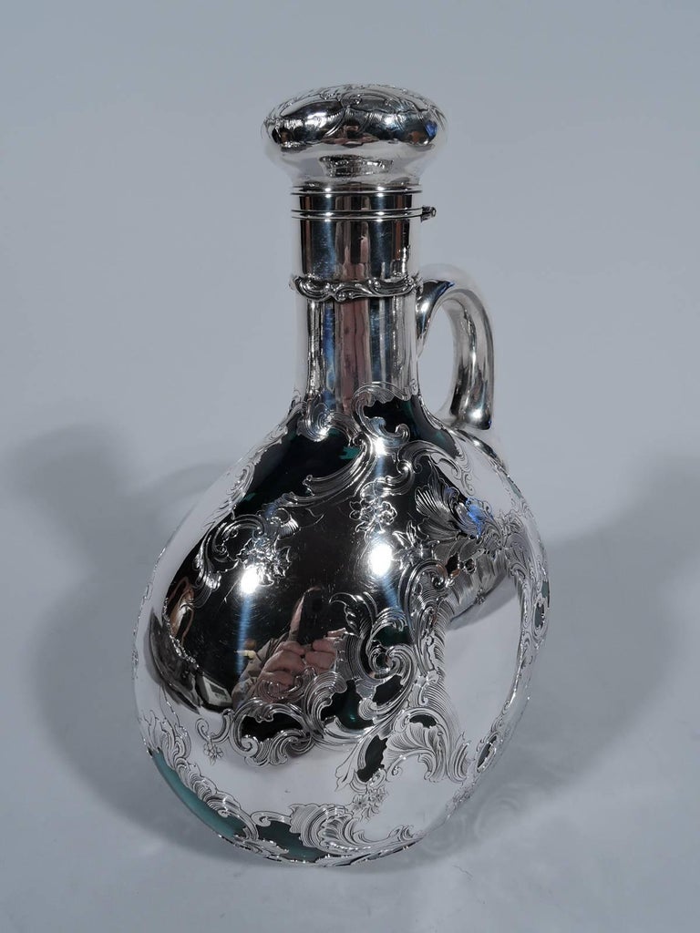 Antique Gorham Green Glass Whiskey Jug Decanter with Silver Overlay For