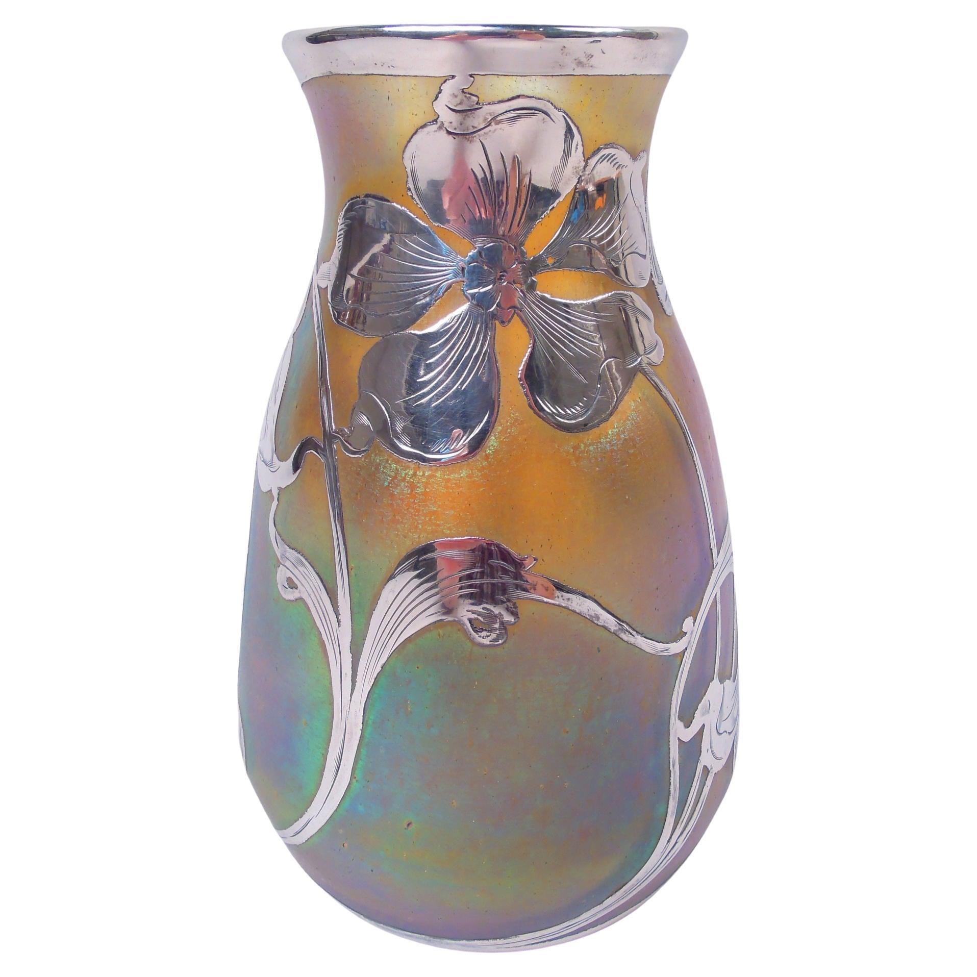 Quezal New York Art Nouveau Iridescent Silver Overlay Vase For Sale