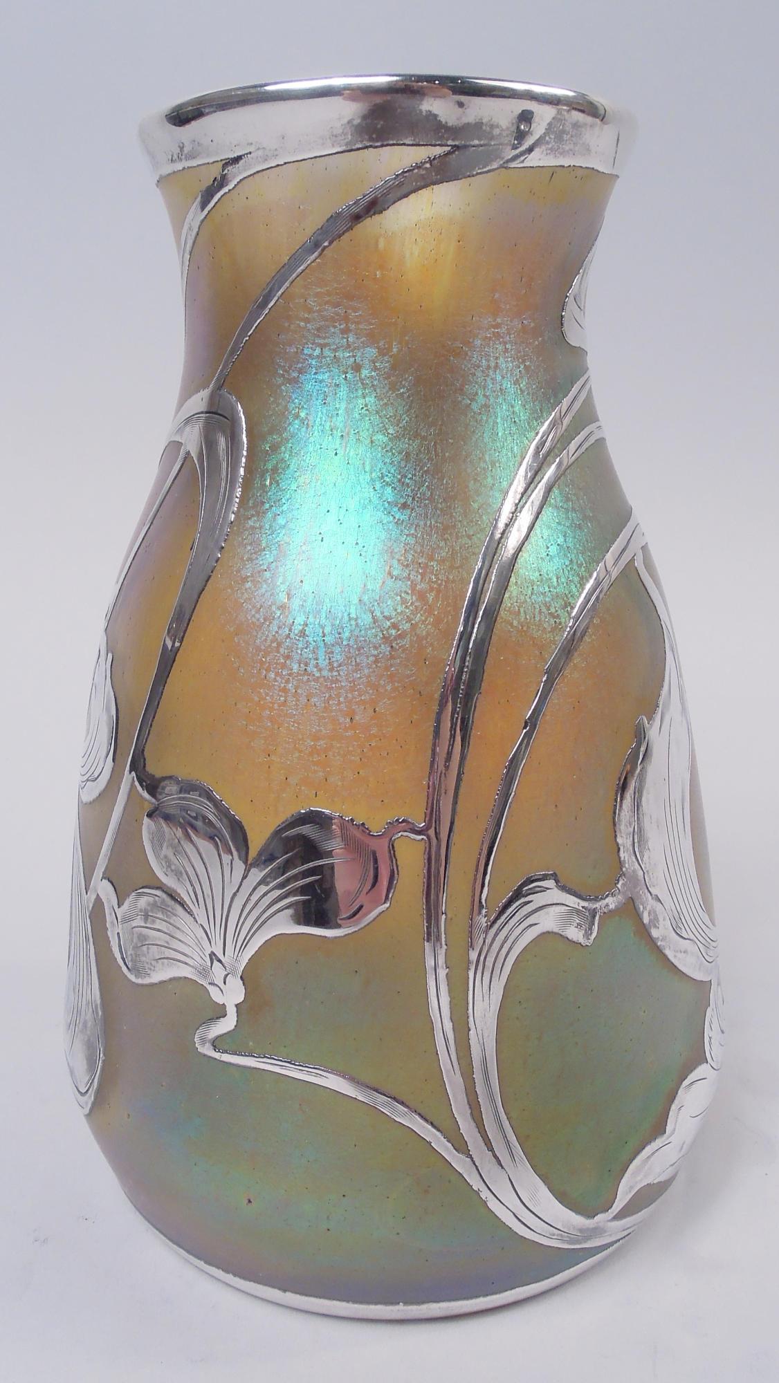 American Quezal New York Art Nouveau Iridescent Silver Overlay Vase For Sale