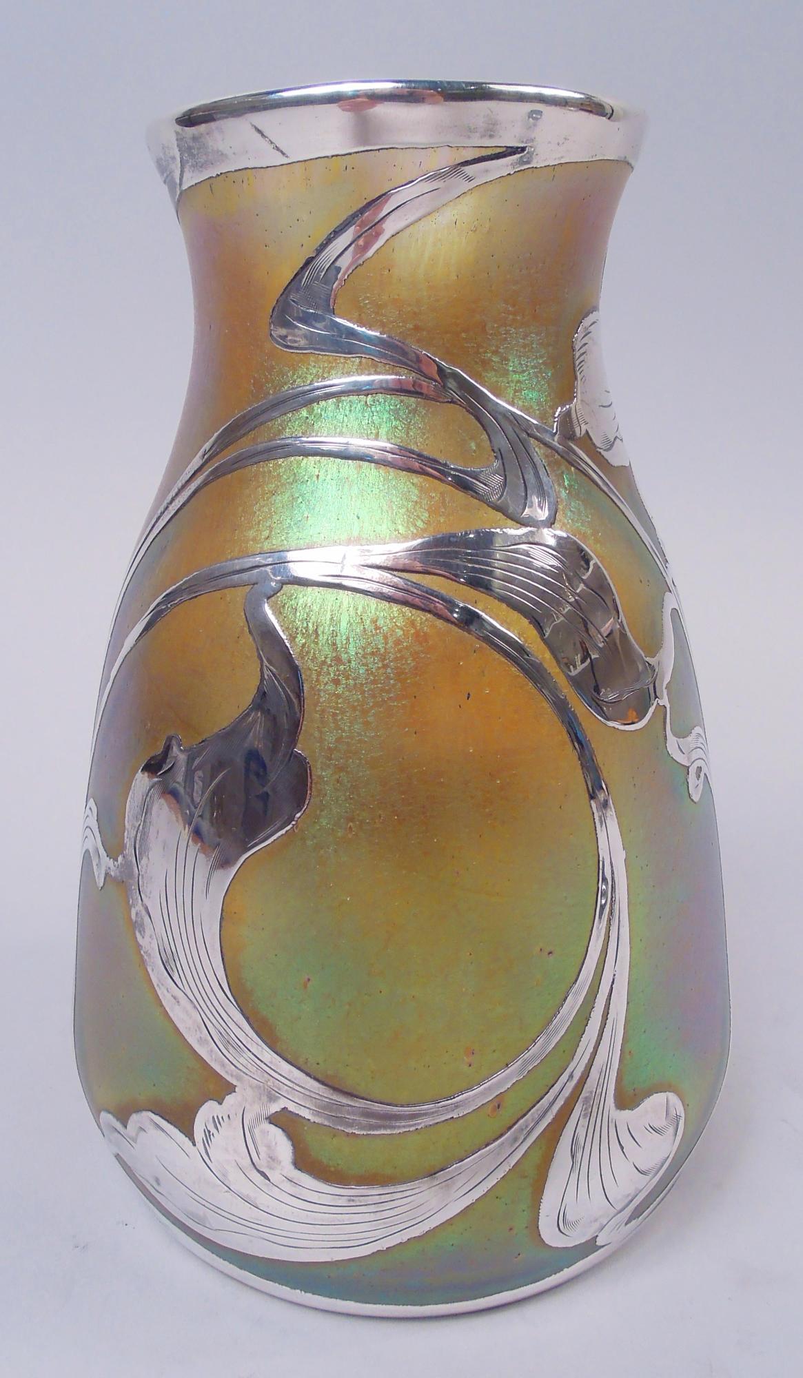 20th Century Quezal New York Art Nouveau Iridescent Silver Overlay Vase For Sale
