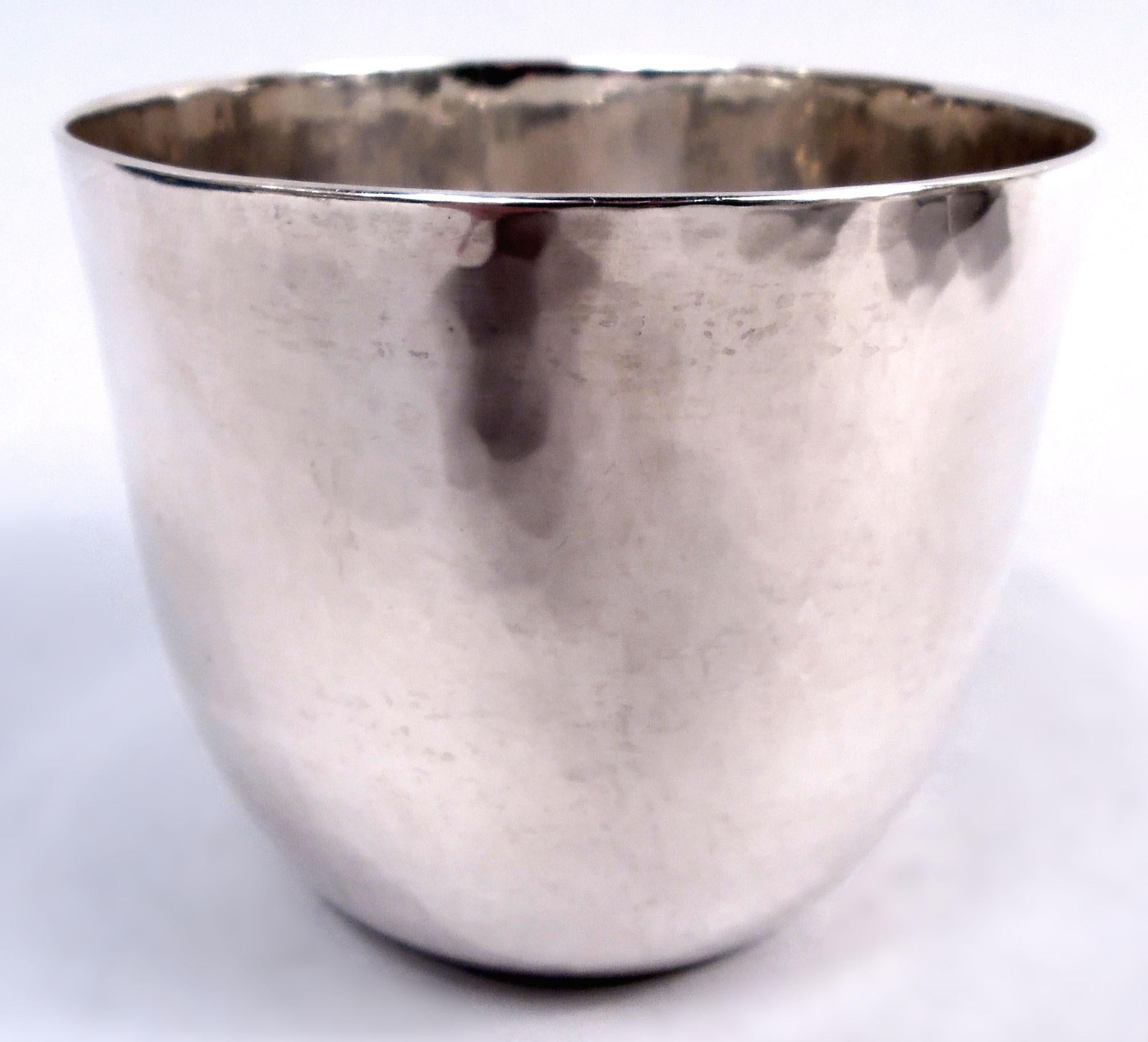 Set of 8 sterling silver Jefferson cups. Made by Old Newbury Crafters in Newburyport, Massachusetts, ca 1930. Each: Traditional curved form with flat and stable bottom. Easy-grip proportions and nice balance. Hand-hammered. Fully marked including