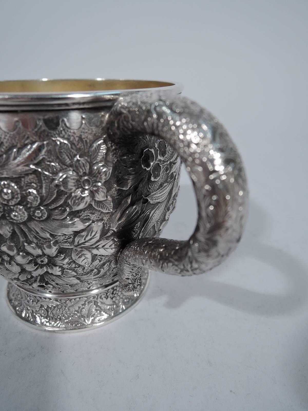 Late Victorian Large Antique Sterling Silver Baby Cup with Floral Repoussé by Tiffany