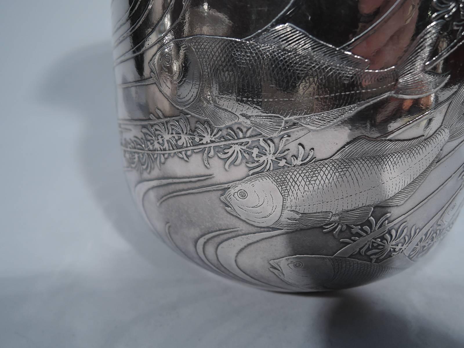 Fabulous Japonesque Sterling Silver Water Pitcher with Fish by Dominick & Haff In Excellent Condition In New York, NY
