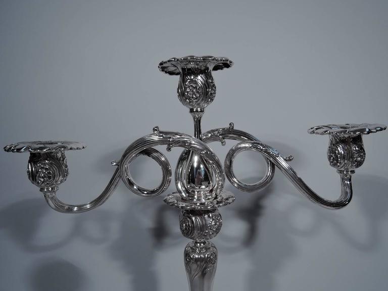 Late Victorian Pair of Sumptuous Tiffany Sterling Silver Three-Light Candelabra For Sale