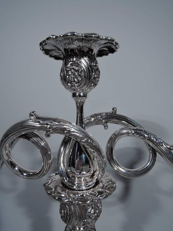 American Pair of Sumptuous Tiffany Sterling Silver Three-Light Candelabra For Sale