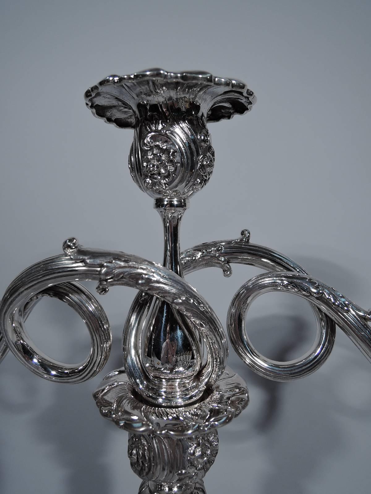 American Pair of Sumptuous Tiffany Sterling Silver Three-Light Candelabra