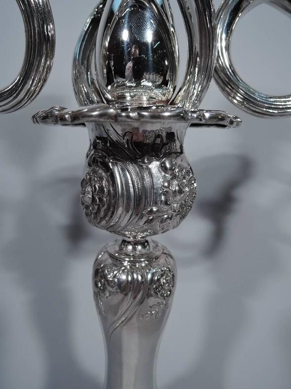 Early 20th Century Pair of Sumptuous Tiffany Sterling Silver Three-Light Candelabra For Sale