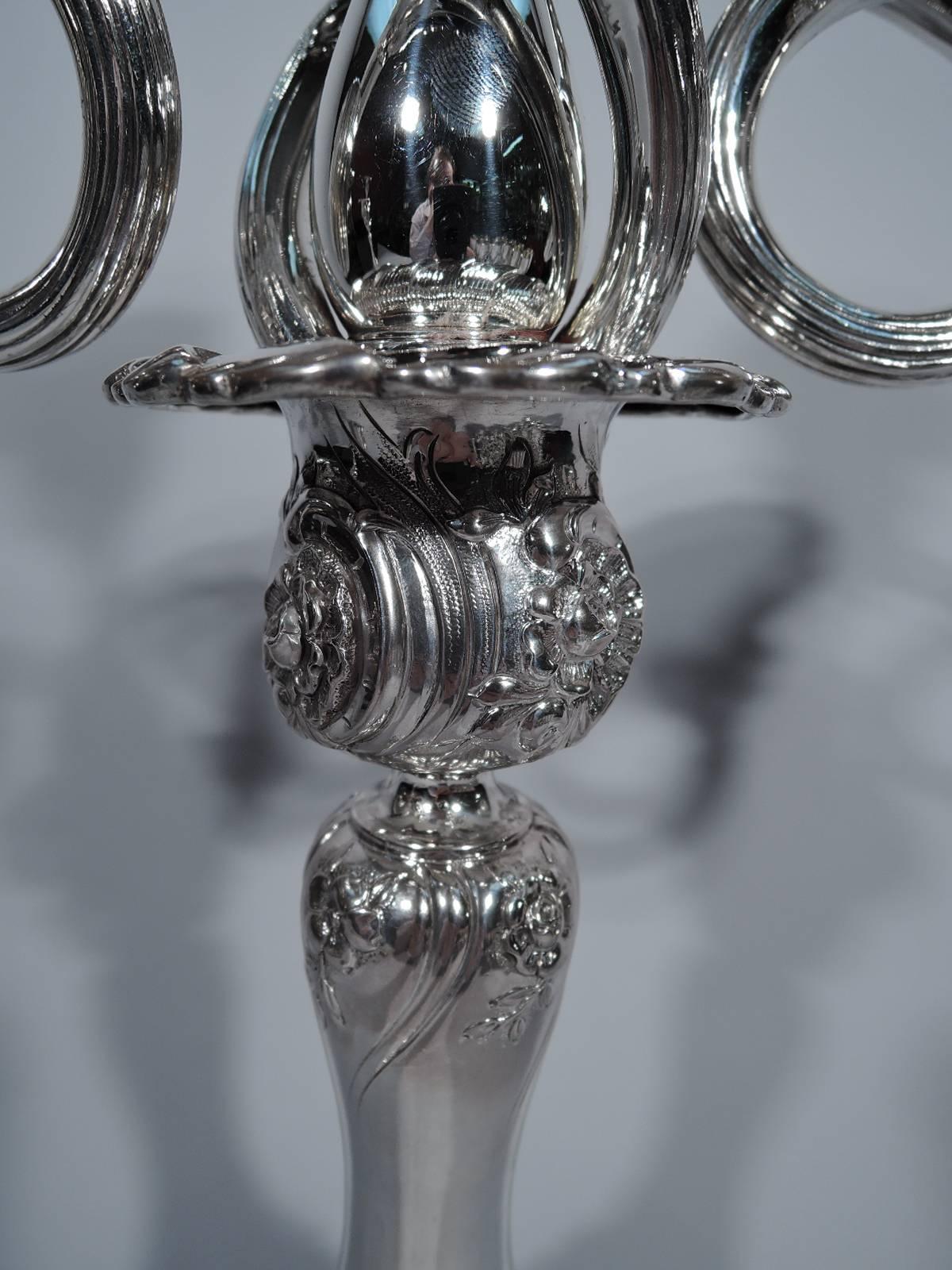 Early 20th Century Pair of Sumptuous Tiffany Sterling Silver Three-Light Candelabra