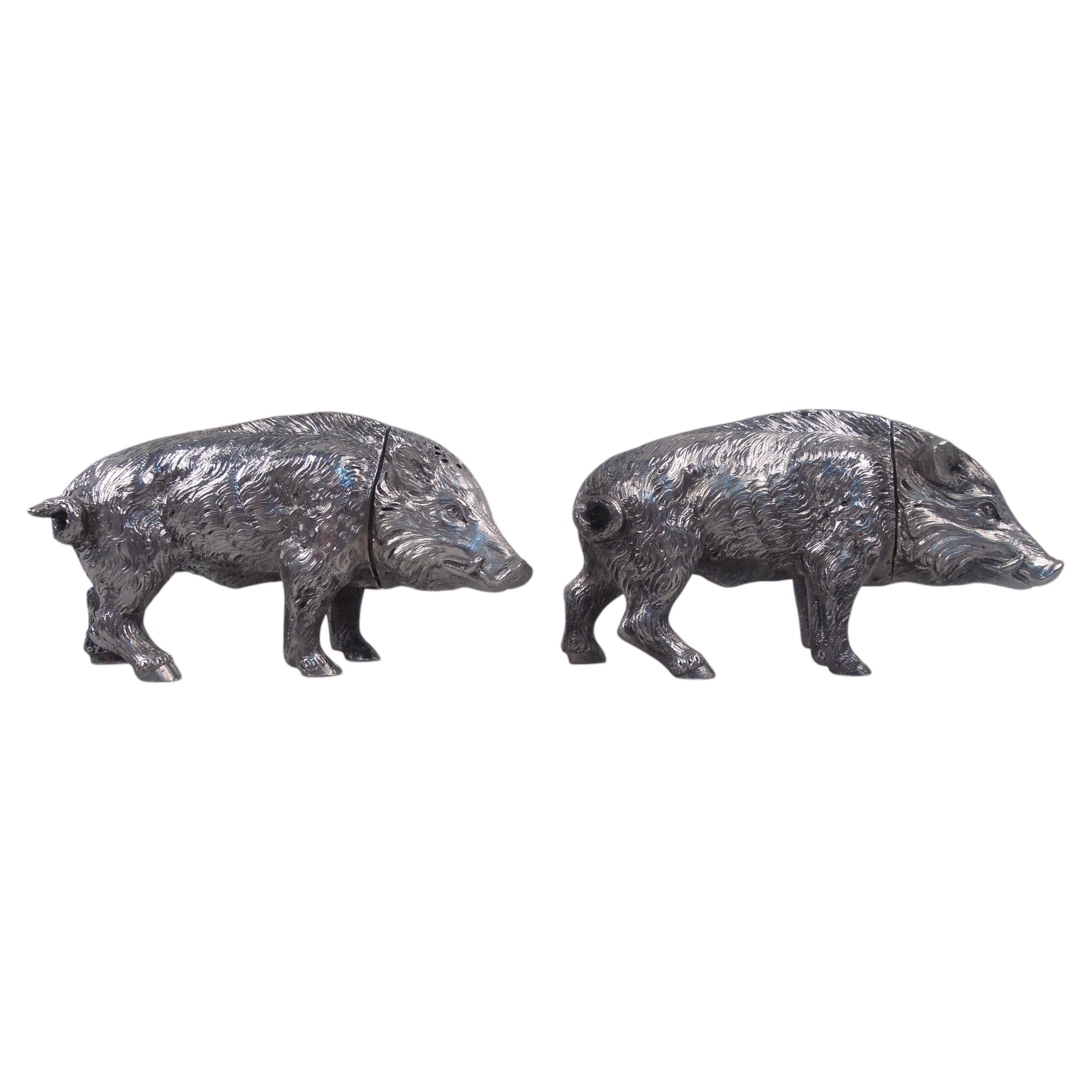 Pair of Antique German Silver Figural Boar Salt & Pepper Shakers