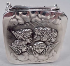 English Edwardian Sterling Silver Reynolds’ Angel’s Heads Ring Box, 1905