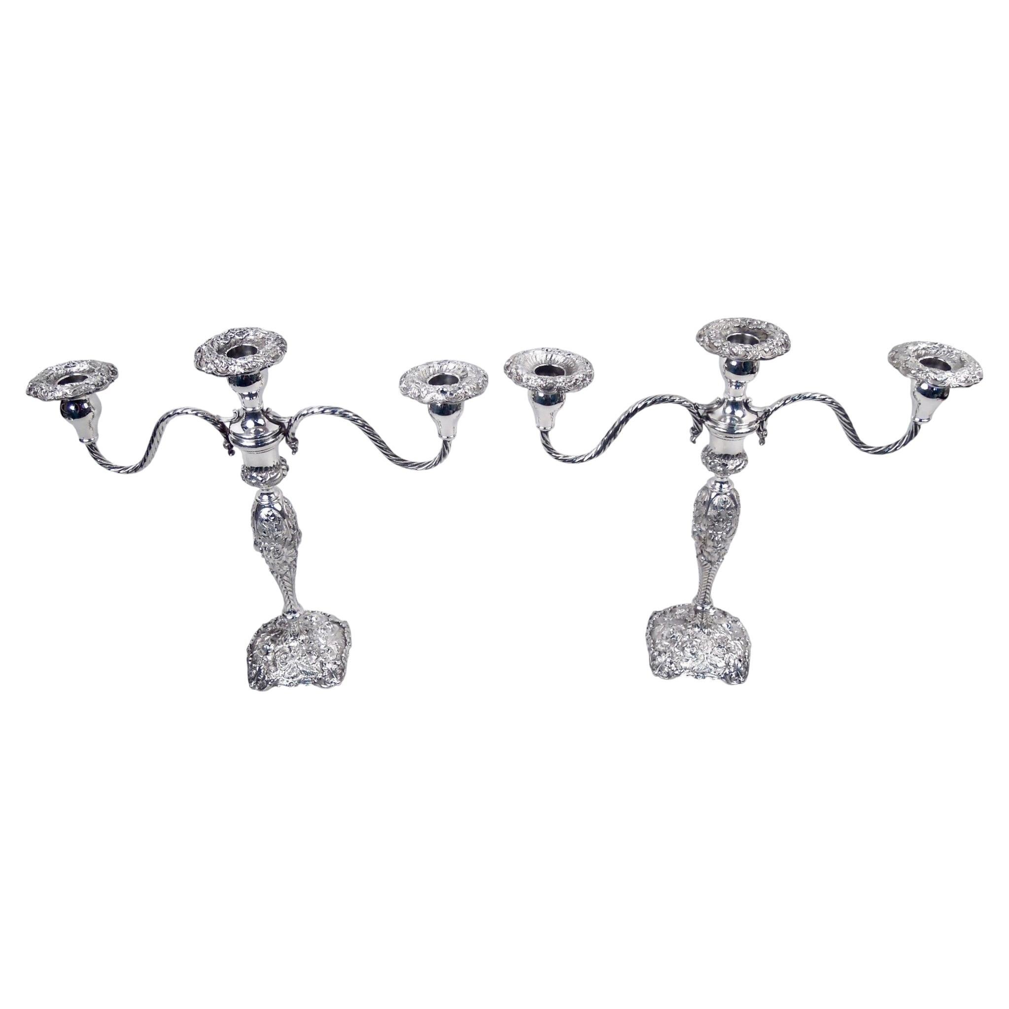 Pair of Stieff Baltimore Repousse Sterling Silver 3-Light Candelabra For Sale