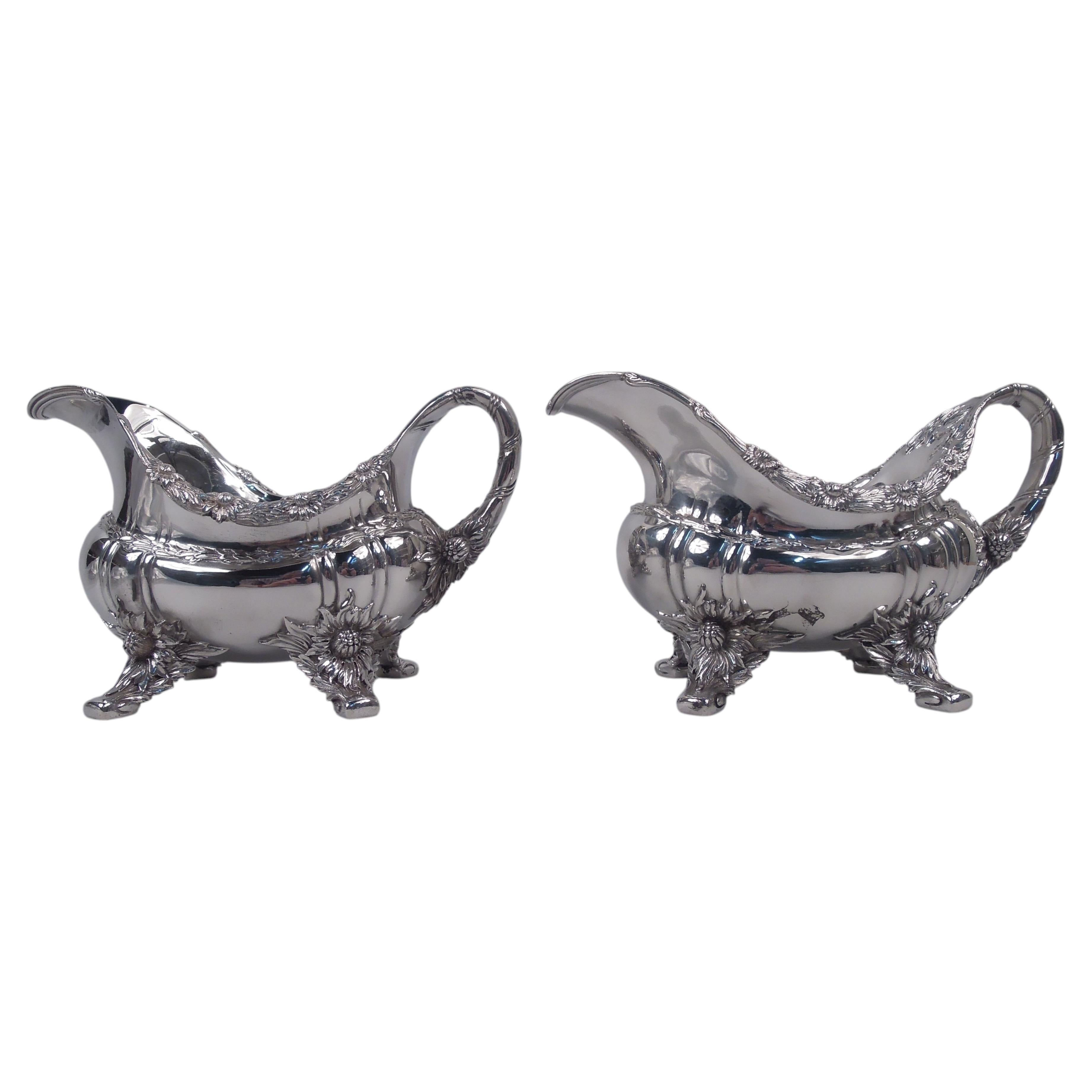 Pair of Early Tiffany Chrysanthemum Sterling Silver Gravy Boats