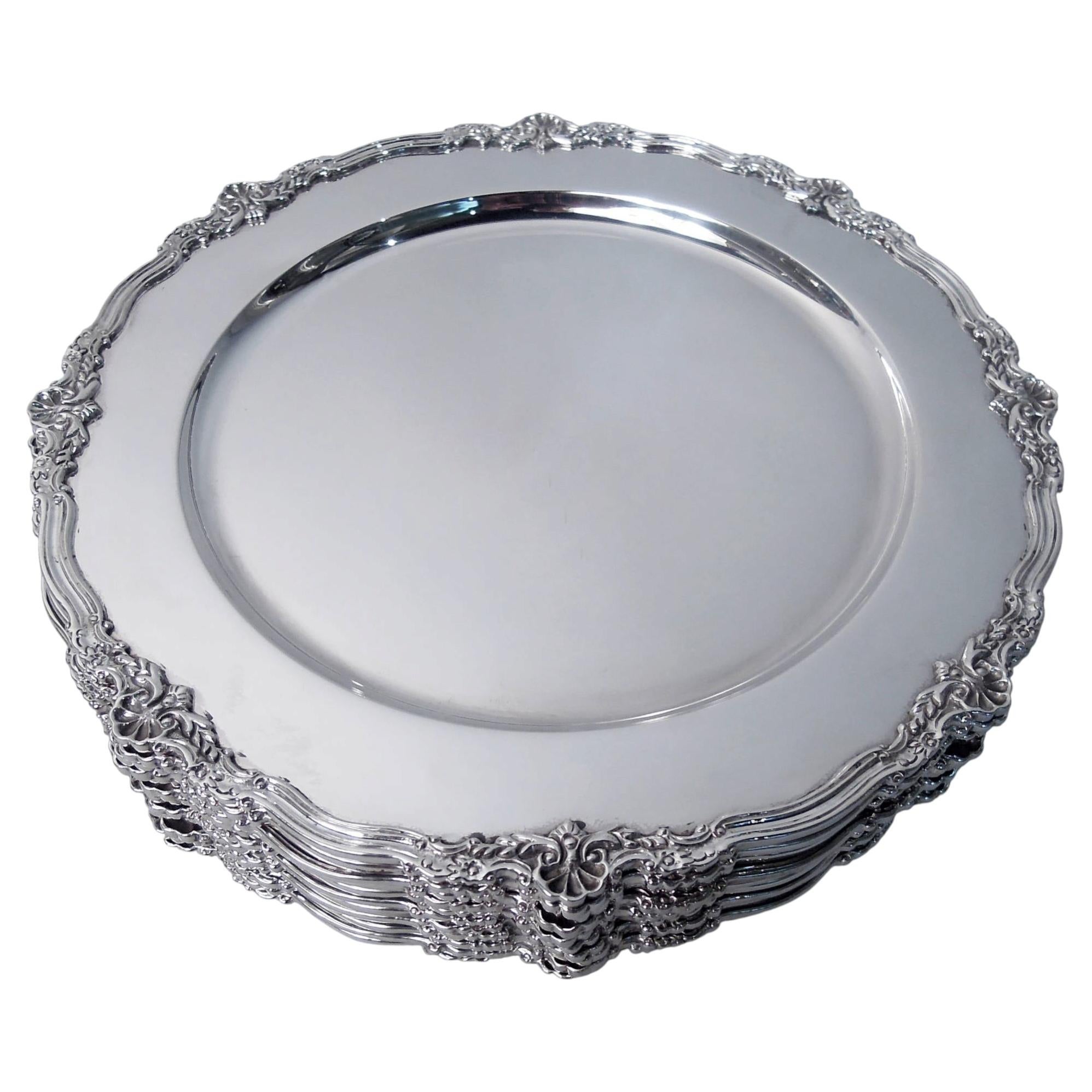 Set of 12 Traditional Classical Sterling Silver Dinner Plates For Sale