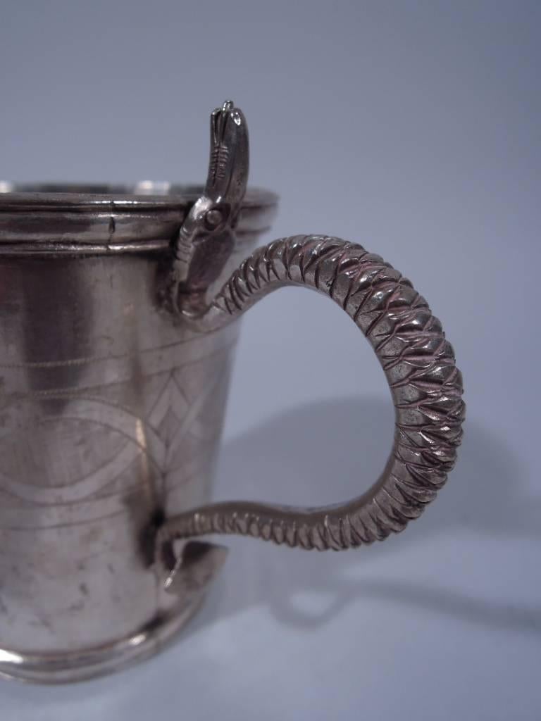 19th Century Antique South American Silver Mug with Snake Handle