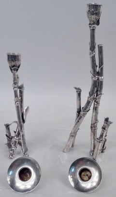 Pair of Patrick Mavros Contemporary Silver Bamboo Candlesticks, 2002