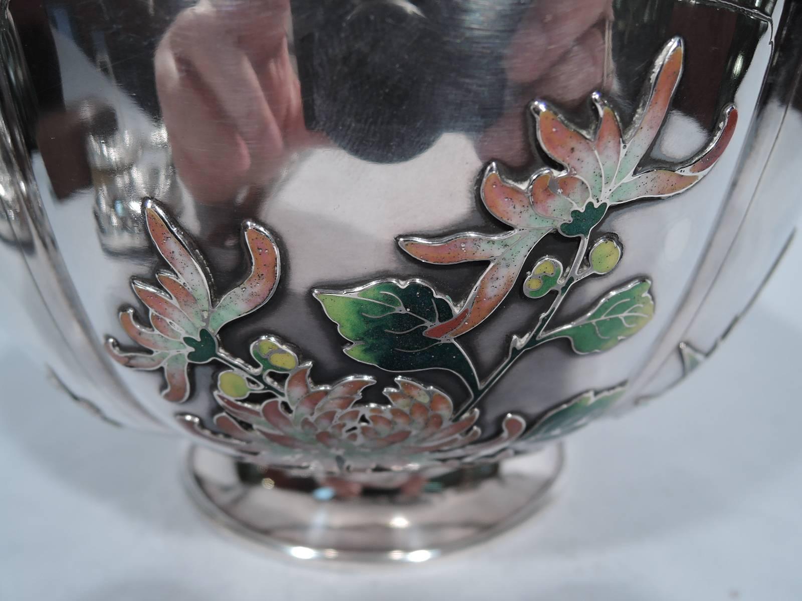 Chinese Export Rare Chinese Silver and Enamel Bowl with Bamboo and Chrysanthemum