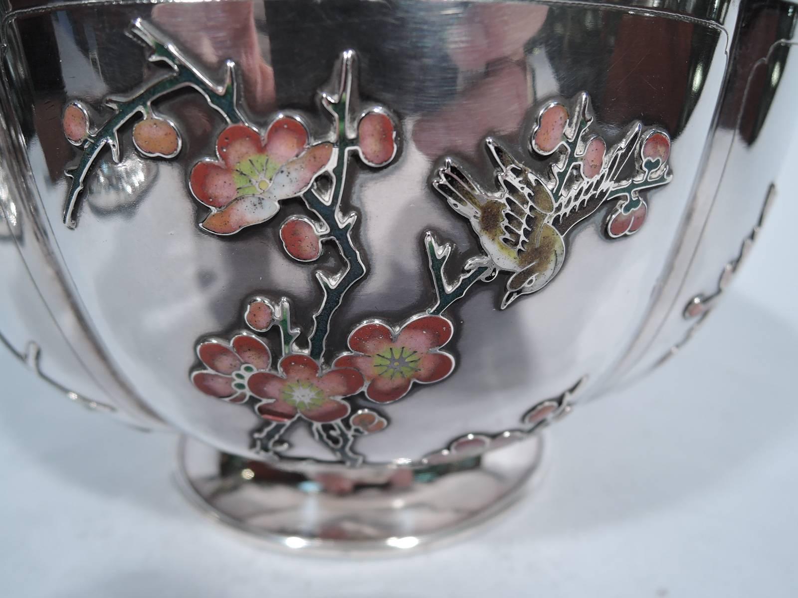 20th Century Rare Chinese Silver and Enamel Bowl with Bamboo and Chrysanthemum