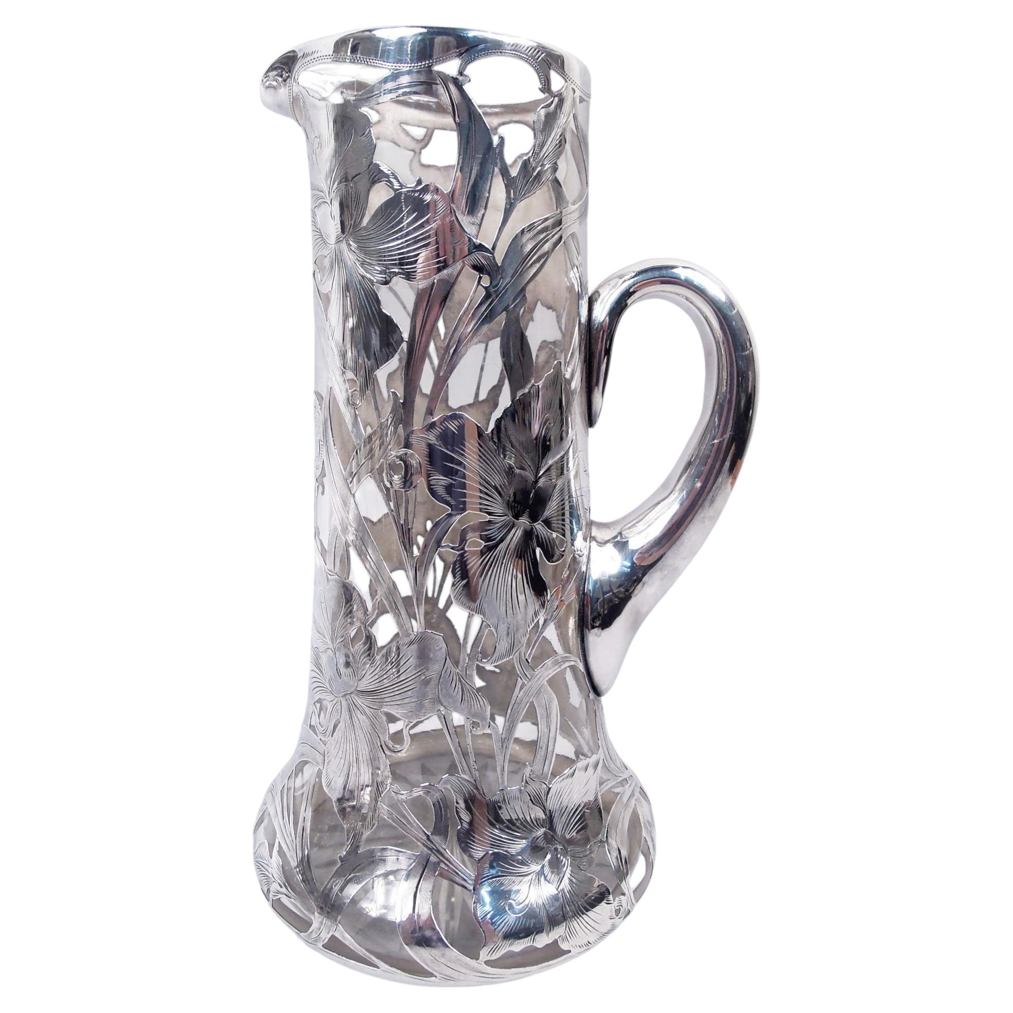 Alvin American Art Nouveau Floral Silver Overlay Claret Jug For Sale