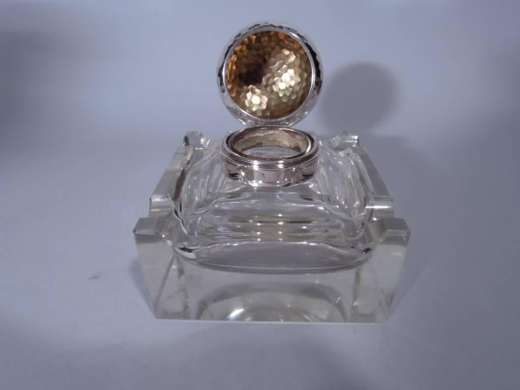 Arts and Crafts Danish Hand-Hammered Silver and Cut Glass Inkpot